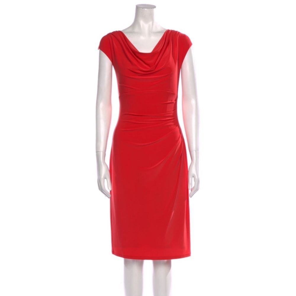 LAUREN RALPH LAUREN SHEATH DRESS COWL NECKLINE RUCHED WAIST KNEE LENGTH RED 6